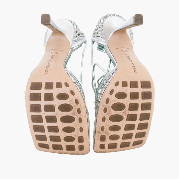 Bottega Veneta Stretch Lace-Up Sandals EU 37.5 7.5 Silver Mesh Fishnet High Heel - Picture 10 of 15